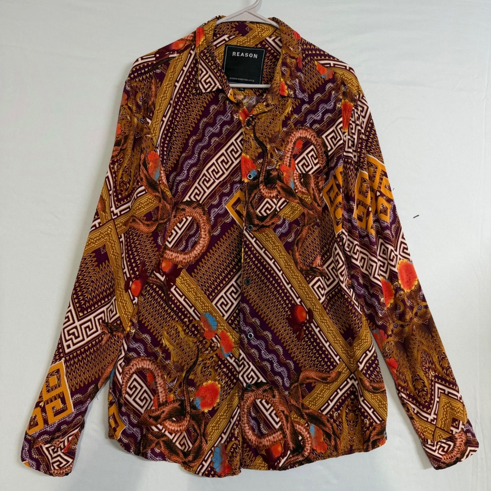 Reason Size-XL Mens Dragon Baroque Print Button Up Shirt Long Sleeve